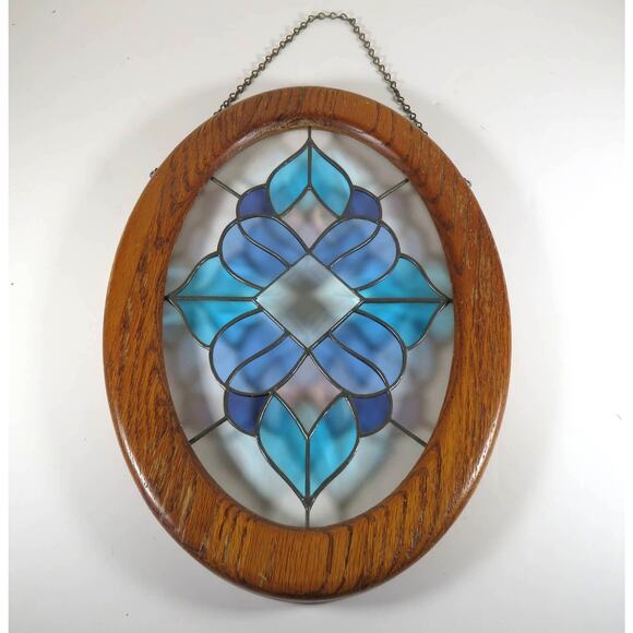 Stained Glass Window Wall Decor Geometric Design Blue Crystal Beveled  14"x10" - Picture 3 of 16